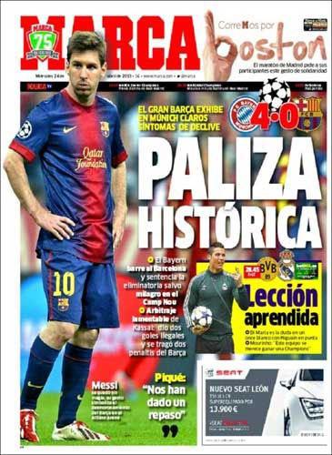 MARCA: Tarihi bozgun => Bayern Barcelona'yı sahadan sildi ve Nou Camp'da bir mucize olmadıkça turun Almanlarda olduğunu yazdı.
