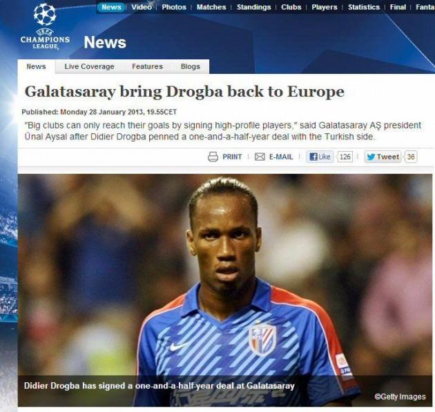 FIFA Galatasaray, Didier Drogba ile anlaşma sağladığını açıkladı. Chelsea'nin eski oyuncusu Türk devi ile 18 aylık sözleşme imzaladı. Drogba'nın menajerleri oyuncunun Afrika Uluslar Kupası'ndan sonra Galatasaray'a katılacağını açıkladılar.