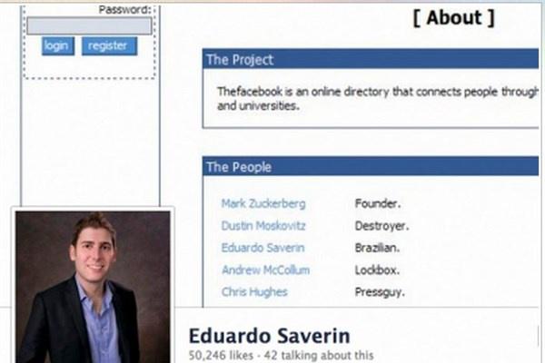 <p><strong>Eduardo Saverin</strong></p>

<p>Eduardo Saverin Facebook'un ilk yıllarında finansal olarak ayakta durmasını sağlayan kişi. Ayrıca Facebook'un reklam işlerine de önemli derecede efor sarf etmiş bir isim.Saverin Zuckerberg'le olan anlaşmazlıkları hukuki boyuta taşınıp davayı kazandıktan sonra Facebook'un kurucu ortağı ünvanını almaya hak kazandı. Şimdi ise Qwiki ve Chris Hughes'ün Jumo isimli start-up projelerine yatırım yapan bir melek yatırımcı konumunda.</p>
