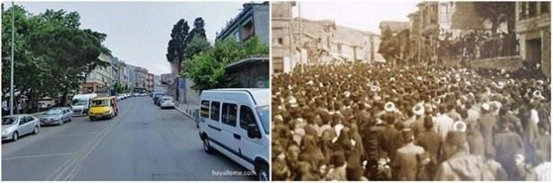 <p>İzmir'in işgalini Doğancılar'da protesto edenler ve günümüzde aynı yerin fotoğrafı (1919. Üsküdar)</p>