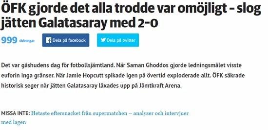 <p><strong>Östersunds-Posten: İmkansız denileni başardılar </strong><br />
<br />
Östersunds-Posten'de maçın ardından coşku doruğa çıktı. 'Östersunds herkesin imkansız dediğini başardı, Galatasaray gibi bir devi yendi' ifadeleriyle uzun bir başlık atan yerel basının amiral yayın organı, sarı-kırmızılıların rakibi hafife alarak sahaya çıktığı, ev sahibi ekibin cesur oynadığı gibi yorumlara da yer verildi. </p>
