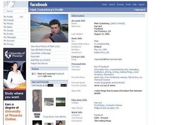 Facebook'un kurucusu Mark Zuckerberg'in 2006 yılında profili böyle görünüyordu. 