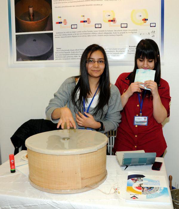 Kayseri &Ouml;zel Mustafa Yelkenoğlu Fen lisesi &ouml;ğrencilerinden Şerife Seda Gedikbaş ve Esra Yılmaz&rsquo;ın, 'Davulla eğlenirken, elektrik &uuml;retin projesinde', davulların &ccedil;alındığında deri y&uuml;zeylerinde meydana gelen titreşimlerin Faraday Yasası'na g&ouml;re, elektromotor kuvvetinden yararlanılarak, titreşimlerin mıknatıslar ve davulun etrafına sarılmış bobinlerle elektrik enerjisi &uuml;retmeyi başarmaları dikkati &ccedil;ekti.