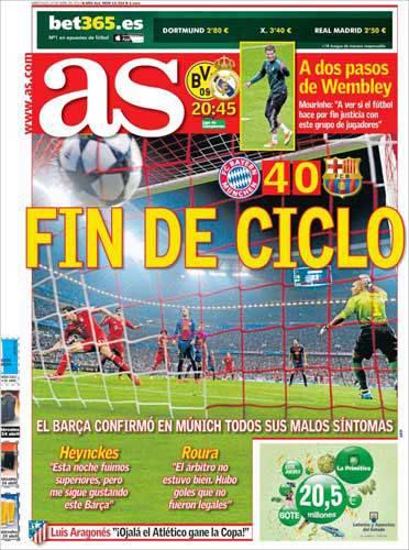 AS: Bir devrin kapanışı => Barcelona Mühih'te kötü olan her şeye imza attı, Bayern'in teknik direktörü Heynckes'in "Bu gece olağanüstüydük ama Barcelona'yı sevmeye devam edeceğim" ve Barcelona'nın yardımcı antrenörü Roura'nın ''Maçta nizami olmayan goller vardı ve hakem maçı kaldıramadı'' sözlerine yer verdi.