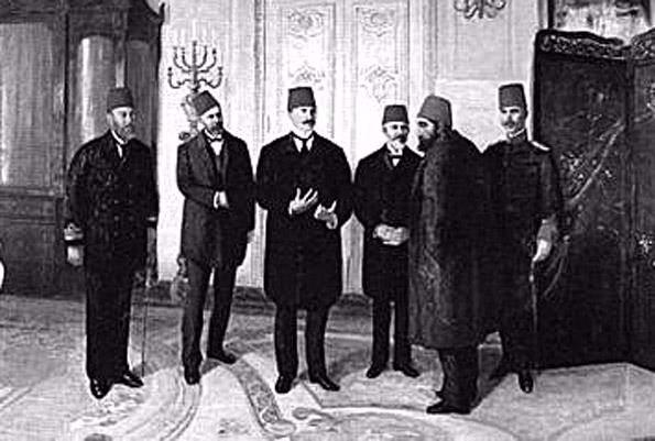 <p>II. Abdülhamid'in tahttan indirildiğini bildiren Aram Efendi,Selanik Mebusu Emanuel Karasu Efendi,Mebusan Meclis'inden Draç Mebusu Jandarma Mirlivası (Tuğgeneral) Esat Paşa ve Bahriye Feriki (Koramiral) Arif Hikmet Paşa'lar</p>

<ul>
</ul>
