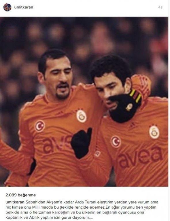 <div>ÜMİT KARAN - ESKİ FUTBOLCU</div>
<div> </div>
<div>Sabah'tan Akşam'a kadar Arda Turan'ı eleştirim, yerden yere vurdum, ama hiçkimse onu milli maçta bu şekilde rencide edemez. En ağır yorumu ben yaptım belki de ama o her zaman kardeşim ve bu ülkenin en başarılı oyuncusu. Ona kaptanlık ve abilik yaptığım için gurur duyuyorum....</div>