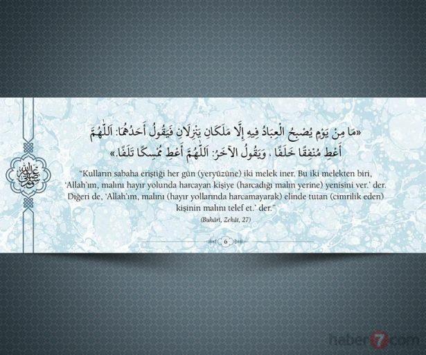 <p>"Kulların sabaha eriştiği her gün (yeryüzüne) iki<br />
melek iner. Bu iki melekten biri, 'Allah'ım,<br />
malını hayır yolunda harcayan kişiye (harcadığı<br />
malın yerine) yenisini ver.' der. Diğeri de,<br />
'Allah'ım, malını (hayır yollarında<br />
harcamayarak) elinde tutan (cimrilik eden)<br />
kişinin malını telef et.'der." (Buhari,Zekat,27)</p>

<p> </p>
