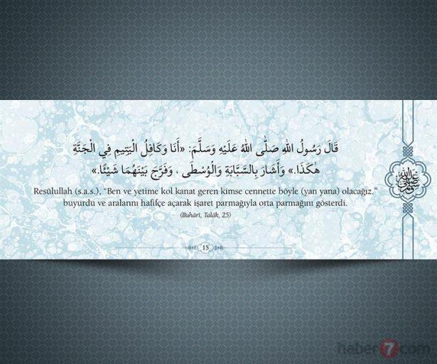<p>Resûlullah(s.a.v.), "Ben ve yetime kol kanat<br />
geren kimse cennette böyle (yan yana)<br />
olacağız." buyurdu ve aralarını hafifçe açarak<br />
işaret parmağıyla orta parmağını gösterdi.<br />
(Buhari, Talâk, 25)</p>
