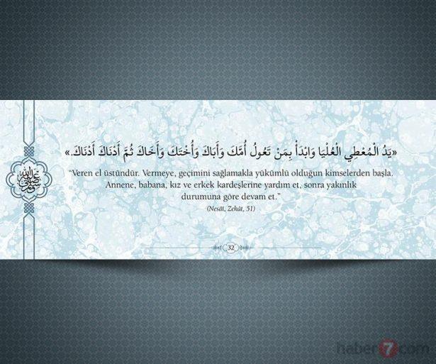 <p>"Veren el üstündür. Vermeye, geçimini<br />
sağlamakla yükümlü olduğun kimselerden başla.<br />
Annene, babana, kız ve erkek kardeşlerine<br />
yardım et, sonra yakınlık durumuna göre devam<br />
et." (Nesai,Zekat,51)</p>
