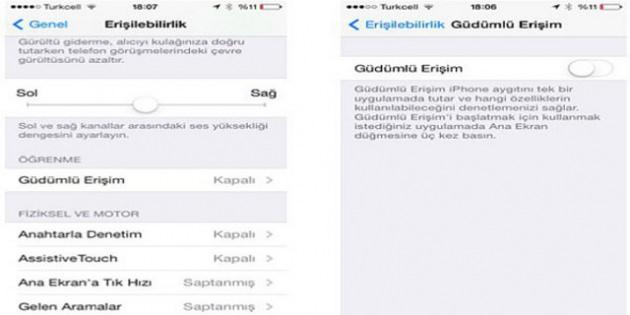 <p>4. Çocuklar cihazınızla oynarken Genel Ayarlar'daki Erişilebilirlik menusunden Güdümlü Erişim'i aktifleştirin...<br />Çocuklar iPad ya da iPhone ile oynarken yanlışlıkla başka uygulamaları açmasın, yanlış şeyleri silmesin diye sadece tek bir uygulamayı aktifleştirip o uygulamanın içinde de hangi tuşlara basabileceğini seçmenizi sağlayan bu özellik çocuk sahipleri için vazgeçilmez..</p>
<p> </p>