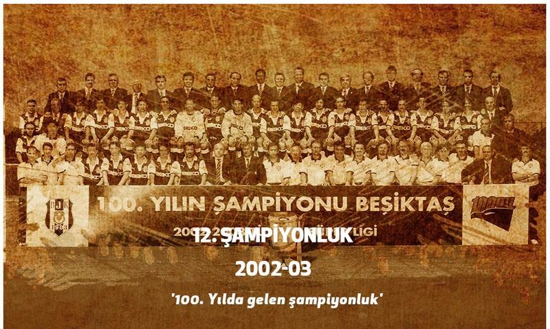 <p><strong>12. ŞAMPİYONLUK (2002-2003)</strong><br />
<br />
Türkiye’de 100. yılını kutlayan ilk kulüp olan Beşiktaş, 2002-2003 sezonuna şampiyonluk parolasıyla başladı. Süper Lig maratonu boyunca tek mağlubiyet alan, dört derbi maçını da kazanan, Avrupa’nın en az gol yiyen ikinci takımı olan Siyah-Beyazlılar, 16. haftadan itibaren zirveden inmedi. En yakın rakibine sekiz puan fark atan Kartal, ligin bitimine bir hafta kala ezeli rakibi Galatasaray ile oynadığı maçta şampiyonluğunu ilan etti.</p>
<p> </p>