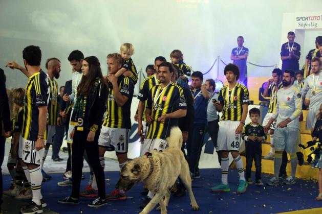 <p><span>Sarı lacivertli futbolcunun tasmasıyla sahneye çıkardığı kangal, tören sonuna </span><span>kadar Mehmet Topuz'un yanından ayrılmadı.</span></p>