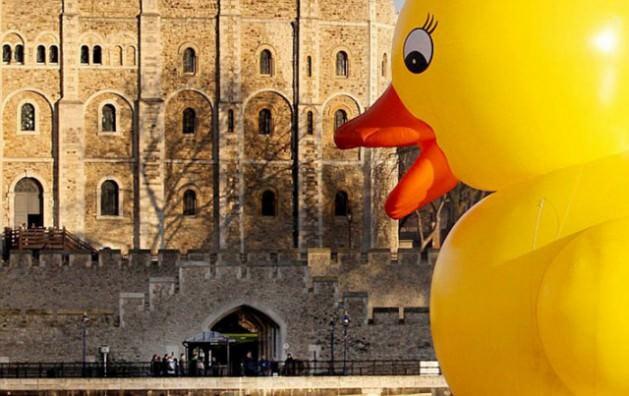 18.2 metre yüksekliğindeki dev plastik ördek Thames Nehri'nden geçerken eğlenceli dakikalar yaşattı. 8 kişilik ekibin 800 saat çalışarak ürettikleri plastik ördek insanları güldürme misyonunu üstlendi.