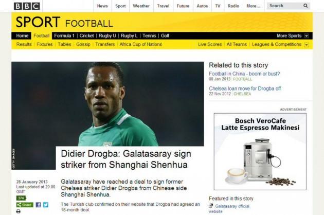 BBC Galatasaray, Shanghai Shenhua'dan Didier Drogba'yı transfer etti. 34 yaşındaki oyuncu şu anda Afrika Uluslar Kupası için Fildişi milli takımında yer alıyor. Galatasaray, Sneijder'i transfer etmesinin ardından Drogba'ya da imza attırarak yine önemli bir transfer yaptı.