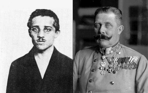 <p>4. Suikastçı Sırp milliyetçisi Gavrilo Princip ve kurbanı veliaht Arşidük Franz Ferdinand<br />
<br />
Her iki fotoğraf da 1914 yılına ait. </p>
