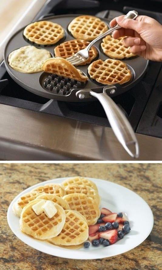 <p>Waffle Tavası</p>
<p>Pankekleri waffle hamuru şeklinde yapmaya var mısınız? Mini waffle gözleri olan bu tava, dökme aliminyumdan yapılmış ve eşsiz görünüyor.</p>