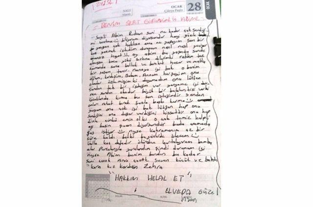 <p>Zehra Kaya'nın notları askerler tarafından ailesine ulaştırılmıştı.</p>
<p> </p>