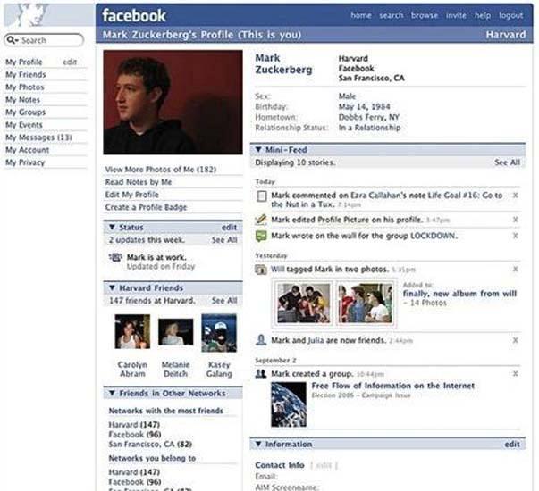 Facebook (2007) Facebook'a eklenen 'mini-feed' özelliği ile artık site yetişkinlere de hitap eder hale gelmişti. Bu sayede kullanıcılar arkadaşlarının günlük aktivitelerini artık kendi profilleri üzerinden bugünkü kadar detaylı olmasa da görebiliyordu.