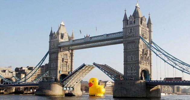18.2 metre yüksekliğindeki dev plastik ördek Thames Nehri'nden geçerken eğlenceli dakikalar yaşattı. 8 kişilik ekibin 800 saat çalışarak ürettikleri plastik ördek insanları güldürme misyonunu üstlendi.