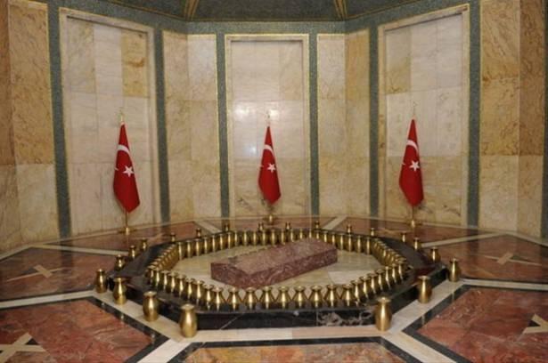 <p>Atatürk’ün vasiyetiyle mezarının karşısına Türk bayrakları konuluyor. Mezar Odası’nda, kapısında ve müze koridorlarında askerler nöbet tutmuyor.</p>

<p> </p>
