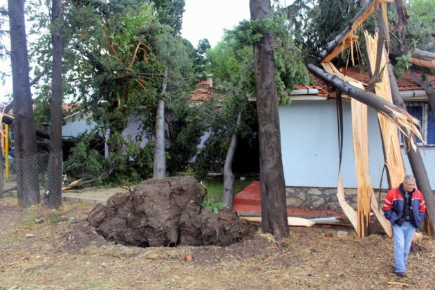 <p>İzmir'in Urla ilçesinde şiddetli yağmur ve fırtına nedeniyle oluşan hortum ağaçları devirdi, çatıları uçurdu.</p>