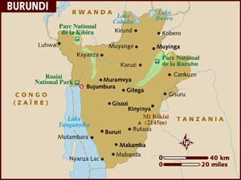 Burundi    Burundi Cumhuriyeti, Orta Afrika'da, Büyük Göller bölgesinde küçük bir ülkedir. Tanzanya, Ruanda, Demokratik Kongo Cumhuriyeti (Zaire) ile komşudur, Tanganika Gölü ile kıyısı vardır.