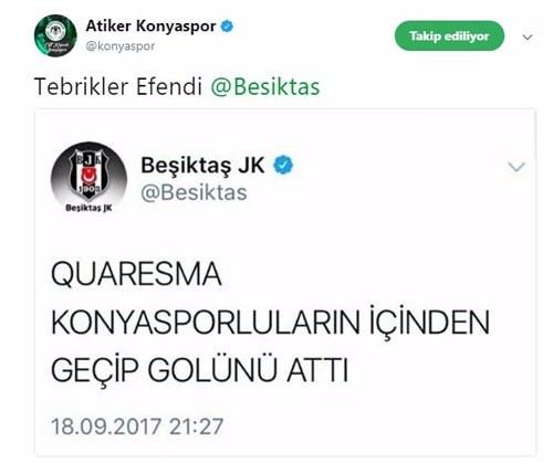 <p>Bu sözlerin ardından Beşiktaş'ın Twitter hesabı aynı cümleyi paylaştı. Tepkiler üzerine tweet kısa sürede silindi. Konyaspor, resmi hesabı da 'Teşekkürler Efendi Beşiktaş' cevabıyla Siyah-Beyazlılara gönderme yaptı.<br />
<br />
<strong>İşte sosyal medyayı sallayan o yorumlar:</strong></p>
