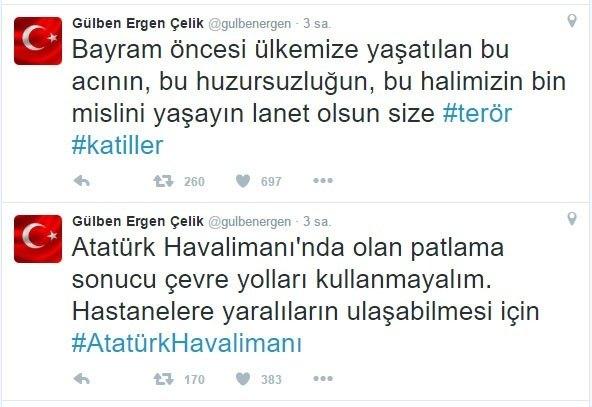 <p>Ünlü sanatçı Gülben Ergen hem uyardı hem de lanetledi ‘Atatürk Havalimanı’nda olan patlama sonucu çevre yolları kullanmayalım. Hastanelere yaralıların ulaşabilmesi için #AtatürkHavalimanı. Bayram öncesi ülkemize yaşatılan bu acının, bu huzursuzluğun, bu halimizin bin mislini yaşayın lanet olsun size #terör #katiller’</p>
<p> </p>