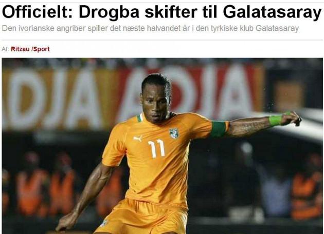 Ekstra Bladet Drogba, Galatasaray'a transfer oldu. Türk kulübü, Fildişili oyuncuyu 18 aylık sözleşmeyle kadrosuna kattı. 34 yaşındaki oyuncu Shanghai Shenhua'dan ayrılarak, Wesley Sneijder'ın ardından ara transfer döneminde Galatasaray'a gelen ikinci isim oldu.