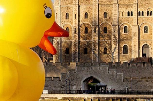 18.2 metre yüksekliğindeki dev plastik ördek Thames Nehri'nden geçerken eğlenceli dakikalar yaşattı. 8 kişilik ekibin 800 saat çalışarak ürettikleri plastik ördek insanları güldürme misyonunu üstlendi.