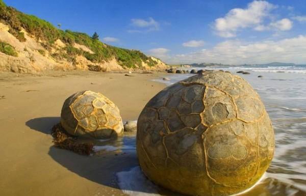 <p>Moeraki Kayaları, Yeni Zellanda Yıllar süren erozyonla uzun zaman önce okyanus dibinde oluşmuş kıyı taşları.</p>