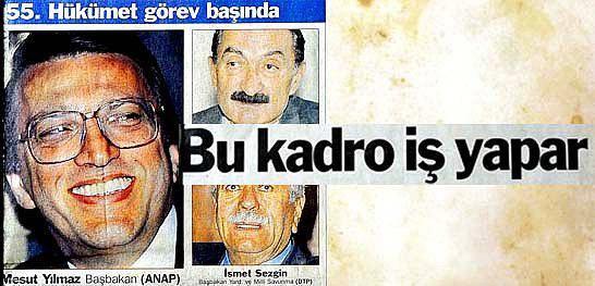 <p><strong>1997-1999/ ANAP-DTP-DSP Koalisyonu</strong></p>

<p>Hükümeti ANAP, DSP ve Demokrat Türkiye Partisi tarafından oluşturulan azınlık koalisyonu kurdu. CHP de hükümeti dışardan destekledi. Türkbank ihalesindeki yolsuzluk iddiaları üzerine CHP hükümete desteğini geri çekti. CHP hükümet aleyhinde gensoru önergesi verdi. Önerge TBMM tarafından kabul edilince güvenoyu almayan ANASOL-D hükümeti düştü.</p>
