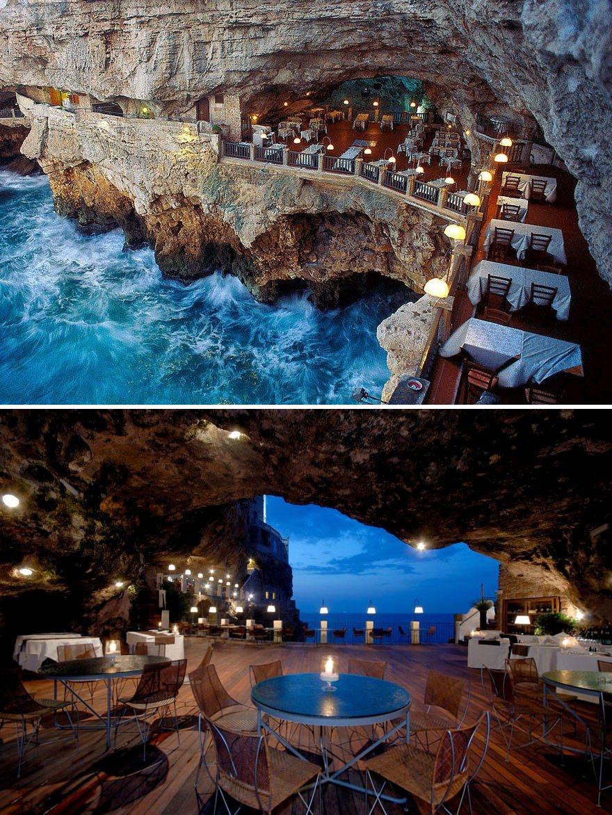 <p>İtalya Puglia'da bulunan bu restoran uçurumun kıyısında bir mağaraya kurulmuş. Adı Ristorante Grotta Palazzese. Aman başınız dönmesin!</p>

<p> </p>
