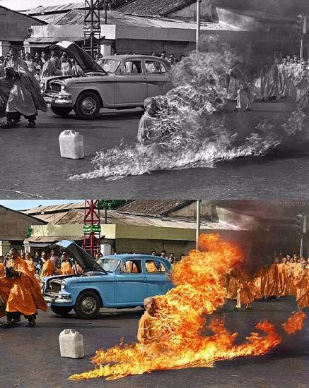 <p>Budist rahip Thick Quang Duc, Vietnam hükümetinin din adamlarına yaptığı baskı üzerine, protesto olarak işlek bir cadde üzerinde, öğrencilerine üzerine gaz döktürterek kendisini yaktırmıştı.</p>

<p> </p>
