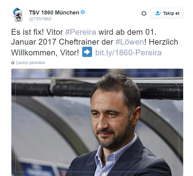 <p>Bundesliga ekibi 1860 Münih'in Fenerbahçe'nin eski teknik direktörü Vitor Pereira'yı takımın başına getirmedi, Türk futbolseverler arasında alay konusu oldu. Alman kulübün Twitter açıklamasınıa eğlenceli yanıtlar verildi.</p>
