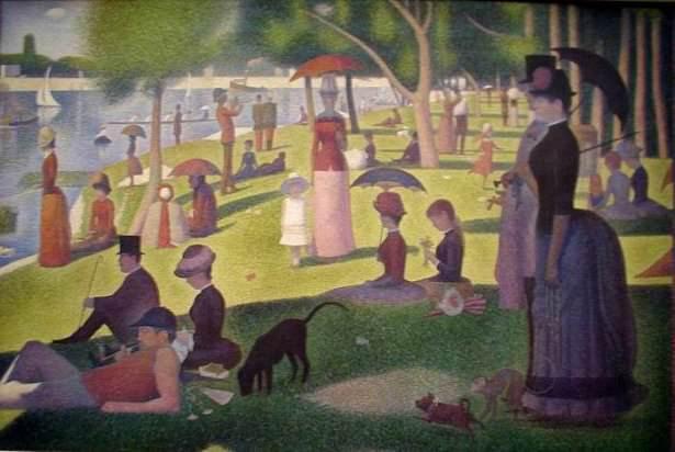 <p>Seurat - La Grande Jatte (1886) - Art Institute, Şikago</p>

<p>Ressam Seurat Park'ına giderek ve orada oturarak değişik figürlerin eskizlerini yapmıştır ve bu figurleri eskizlerden ana tablo üzerine geçirerek tabloyu oluşturmuştur.Chicago'da Art Institute'de serglenmektedir.</p>
