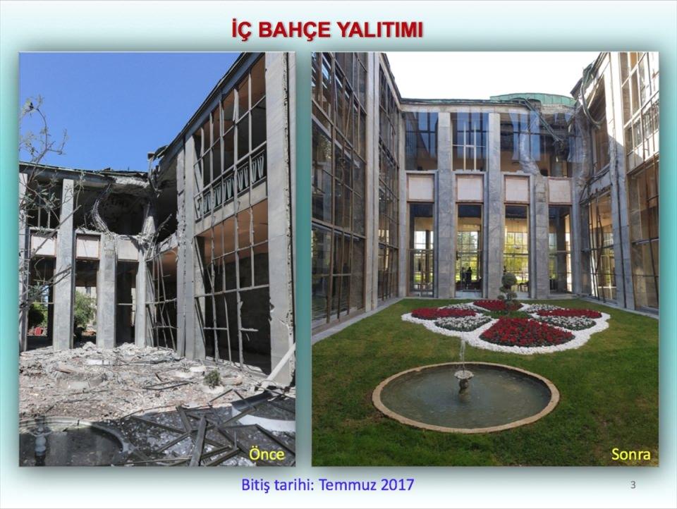 <p>FETÖ'nün 15 Temmuz darbe girişimi gecesinde, bahçesine ve Ana Bina'ya atılan bombalarla büyük zarar gören Meclis yaralarını sardı.</p>
