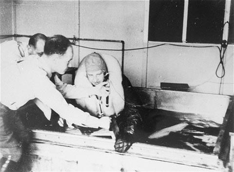 <p>Dachau toplama kampında buzlu suda bekletilerek Nazi tıbbî deneylerine maruz kalmış bir kurban. SS doktoru Sigmund Rascher deneyi yönetiyor.</p>
<p> </p>