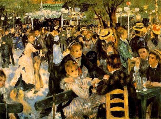 <p><strong>Renoir - Bal du Moulin de la Galette (1876) - Musee National d'Orsay, Paris</strong></p>

<p>Eserde Paris'in Montmarte bölgesindeki Moulin de la Galette restoranında bir pazar öğleden sonrası tasvir edilmiştir.19.yüzyıldaki orta sınıf Parislilerin eğlencesi resmedilmiştir.Eser Paris'te Musee National d'Orsay'da sergilenmektedir.</p>
