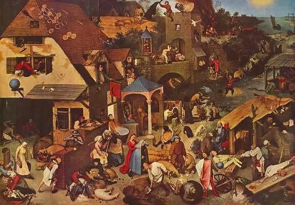 <p><strong>Bruegel - Dutch Proverbs (1559) - Gemaldegalerie, Berlin</strong></p>

<p>Eser dönemin Felemenkçe atasözlerini tasvir eden görüntülerden meydana gelen tablodur. Resim, birçok atasözüne yapılmış olan atıflarla doludur. Bunların büyük bölümü halen kullanılmakta olan ya da o dönemde kullanıldığı bilinen atasözleridir.Berlin'de Gemaldegalerie'de sergilenmektedir.</p>
