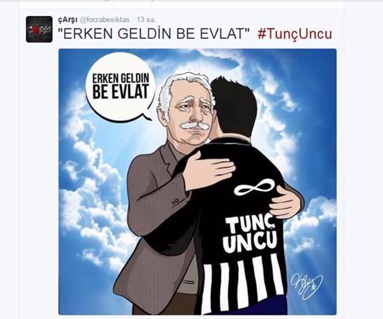 <p>Hain saldırı şehit olan isimlerden biri de Kartal yuvası çalışanı Tunç Uncu'ydu. Karikatür Beşiktaş'ın efsane başkanı Süleyman Seba, şehit olan Tunç Uncu'ya sarılarak 'Erken geldin be evlat' derken çizilmiş.</p>

<p> </p>
