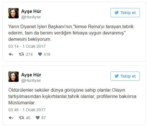 <p>Ortaköy'de gerçekleştirilen saldırının ardından tüm Türkiye yasa boğulurken, bazıları yine provokasyonun peşine düştü. Saldırı sonrası Twitter'dan mesajlar paylaşan Ayşe Hür, Diyanet İşleri Başkanlığı ile ilgili skandal ifadeler kullanarak, "Yarın Diyanet İşleri Başkanı'nın saldırıyı gerçekleştiren teröristi tebrik edeceğini beklediğini" söyledi. Binlerce kişinin tepki gösterdiği Hür, özür dilemek</p>
