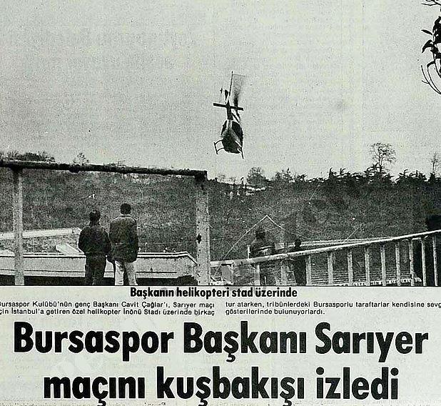 <p> İnönü Stadı Mart 1986 | Bursaspor Başkanı Cavit Çağlar, Sarıyer maçını helikopterden izledi.</p>
