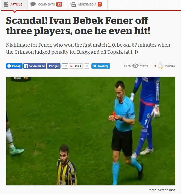 <p>Fenerbahçe hakkında ağır kararlar alan Hırvat hakem Bebek, ülkesinde de büyük tepki topladı. Hırvan basını, Bebek hakkında ironik bir başlık atarak olaya, "Skandal! Ivan Bebek, sadece birinin ona fiziksel müdahalede bulunmasına rağmen Fenerbahçe'nin 3 oyuncusuna kırmızı kart gösterdi (!)" şeklinde yer verdi. (Vecernji list)</p>
<p> </p>