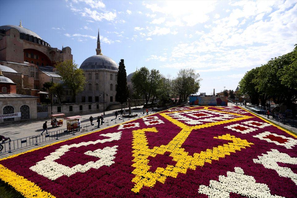 <p>İstanbul Lale Festivali kapsamında Sultanahmet Camisi ve Ayasofya Müzesi arasında oluşturulan toprak platforma geçen yıl olduğu gibi bu yıl da rengarenk laleler kullanılarak "dünyanın en büyük lale halısı" yapıldı.</p>
<p> </p>
<p> </p>
