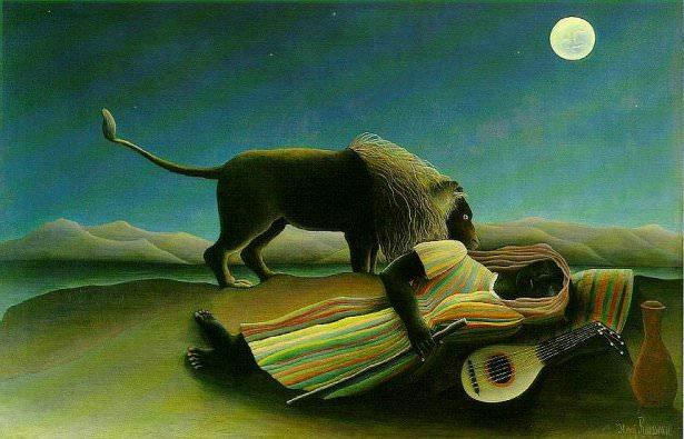 <p><strong>Rousseau - Sleeping Gypsy (1897) - Museum of Modern Art, New York</strong></p>

<p>Modern zamanların en önemli eserlerindendir.Ay ışığında uyuyan bir kadın ve bir aslan tasvir edilmiştir.New York'da Museum of Modern Art'da sergilenmektedir.</p>
