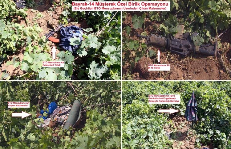 <p><strong>ELE GEÇEN SİLAHLAR</strong><br />
Öte yandan Yalaza Köyü bölgesinde etkisiz hale getirilen PKK'lıların üzerinde ve yakın bölgede yapılan aramalarda, silah ve mühimmatın ele geçirildiği belirtilen açıklamada "Yalaza Köyü bölgesinde etkisiz hale getirilen bölücü terör örgütü mensupları üzerinden ve yakın bölgeden; ele geçirilen bölücü terör örgütü mensupları ile birlikte; 2 adet M-16 piyade tüfeği, 3 adet kalaşnikof piyade tüfeği, 1 tabanca, 362 muhtelif fişek, 2 telsiz, 18 muhtelif şarjör, 2 pil grubu (muhtemelen el yapımı patlayıcı düzeneği için hazırlanmış), 1 dürbün, 4 el bombası, çok sayıda örgütsel doküman, hava görüntülerini engellemek amacıyla kullanılan şemsiye, yaşam ve giyim malzemeleri ele geçirilmiştir. Cumhuriyet Başsavcılığının talimatı ile ele geçirilen bölücü terör örgütü mensupları ile ilgili geniş çaplı soruşturma başlatılmış olup, ele geçirilen malzemelere el konulmuştur. Bölgemizde yaşayan vatandaşların huzur ve güvenliğinin sağlanması ve teröristle mücadele kapsamında yürütülen çalışmalara artan bir azim ve kararlılıkla devam edilecektir" ifadelerine yer verildi.</p>
