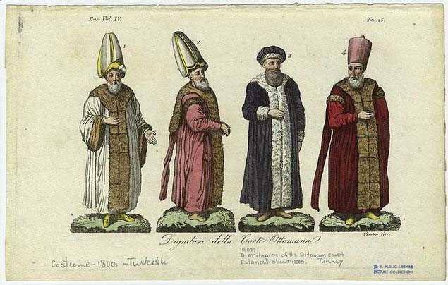 <p> Osmanlı Mahkemesi'ndeki devlet adamlarının kıyafetleri, 1800'ler.</p>