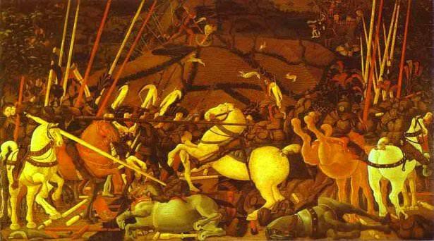 <p><strong>Uccello - Battaglia di San Romano/Part I (1456)</strong></p>

<p>Savaş zamanları ve savaşın hissettirdikleri tasvir edilmiştir. Floransa'da bulunan İffuzi galerisinde sergilenmektedir.</p>
