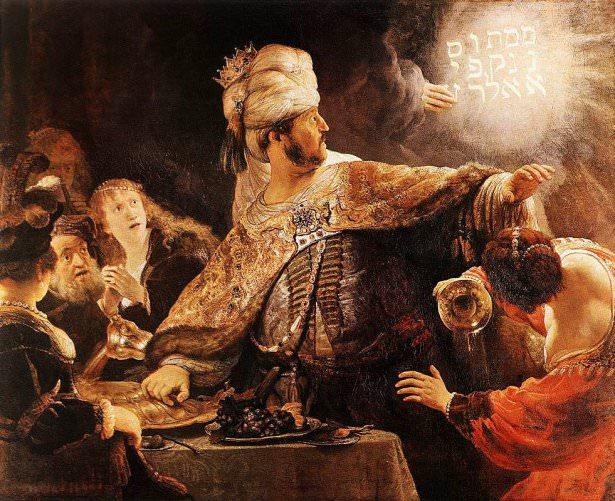 <p><strong>Rembrandt - Belshazzar's Feast (1635) - National Gallery, Londra</strong></p>

<p>Eserde Babil Prensi Baltazar "Duvardaki Yazıya" bakmaktadır.Eserin ilhamı Daniel Kitabında geçen Babil İmparatorluğun çöküşünü haber veren doğaüstü yazıdır.Eser Londra'da National Gallery'de sergilenmektedir.</p>
